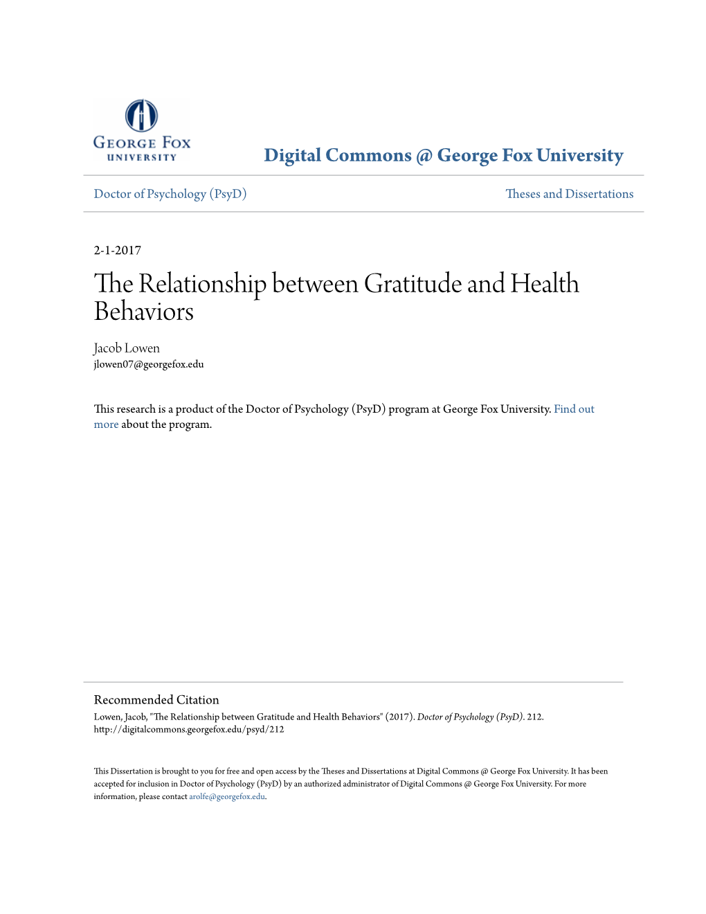 The Relationship Between Gratitude and Health Behaviors Jacob Lowen Jlowen07@Georgefox.Edu