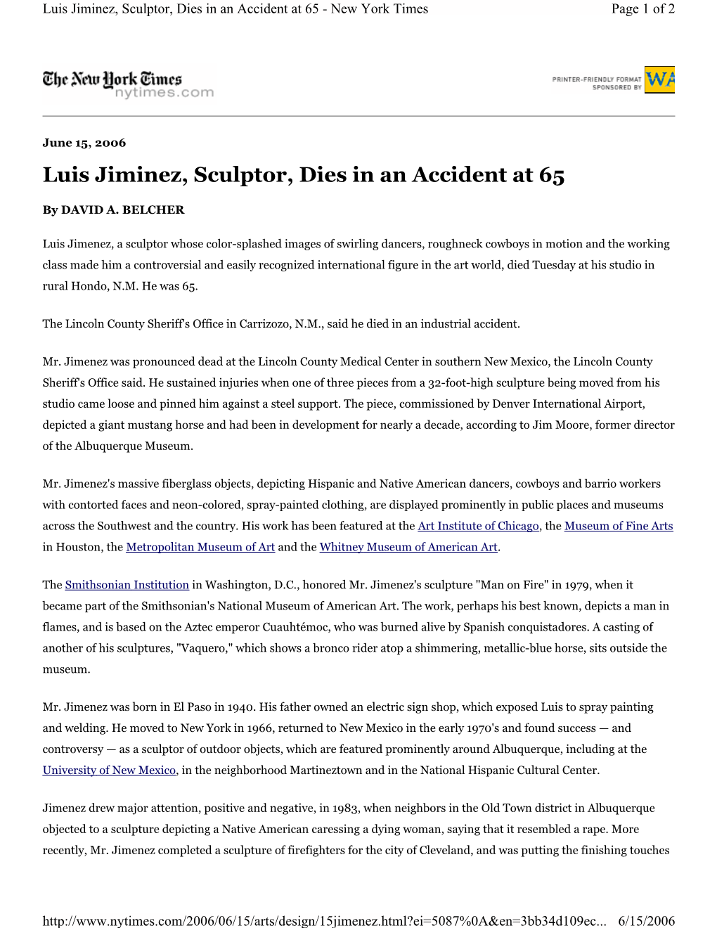 Luis Jiminez, Sculptor, Dies in an Accident at 65 - New York Times Page 1 of 2