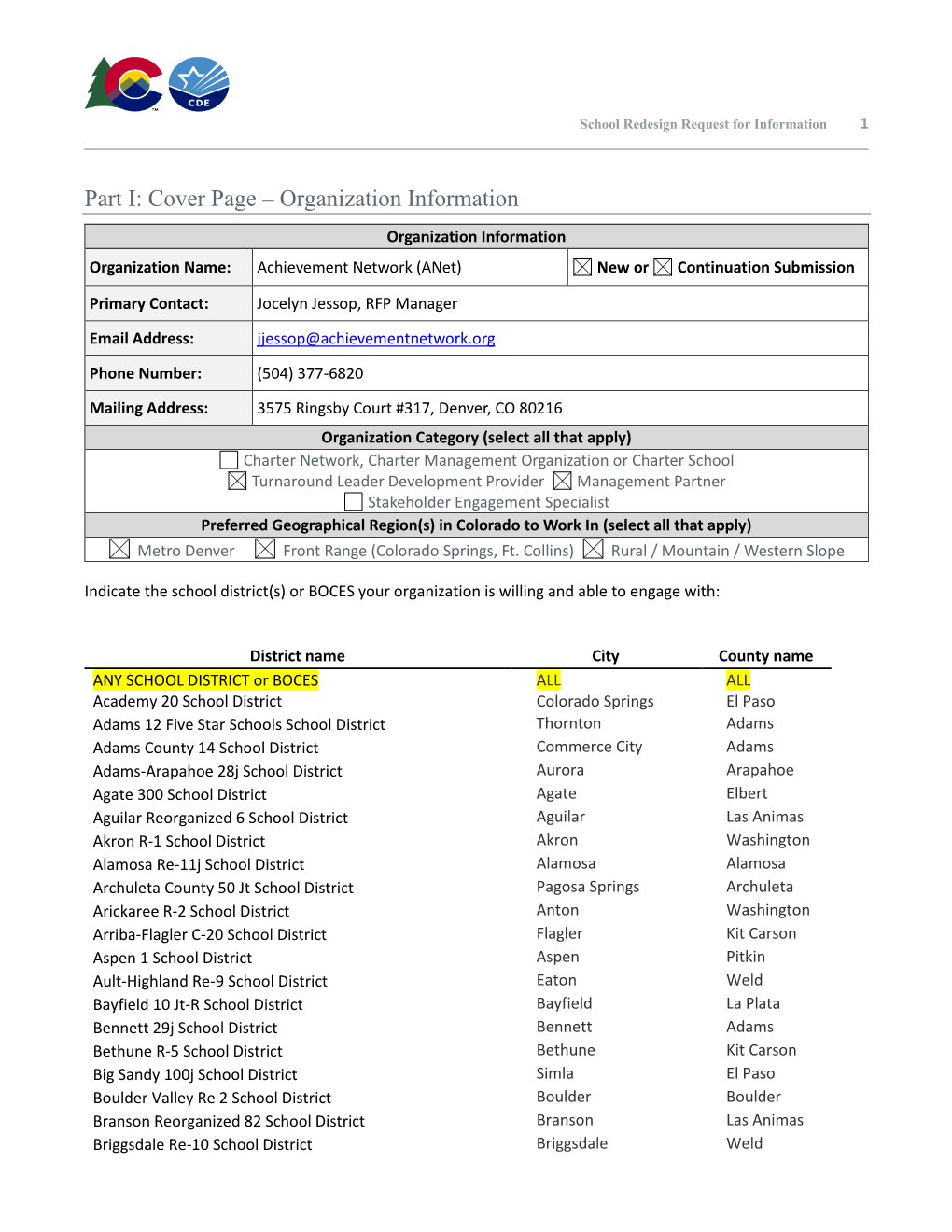 Part I: Cover Page – Organization Information