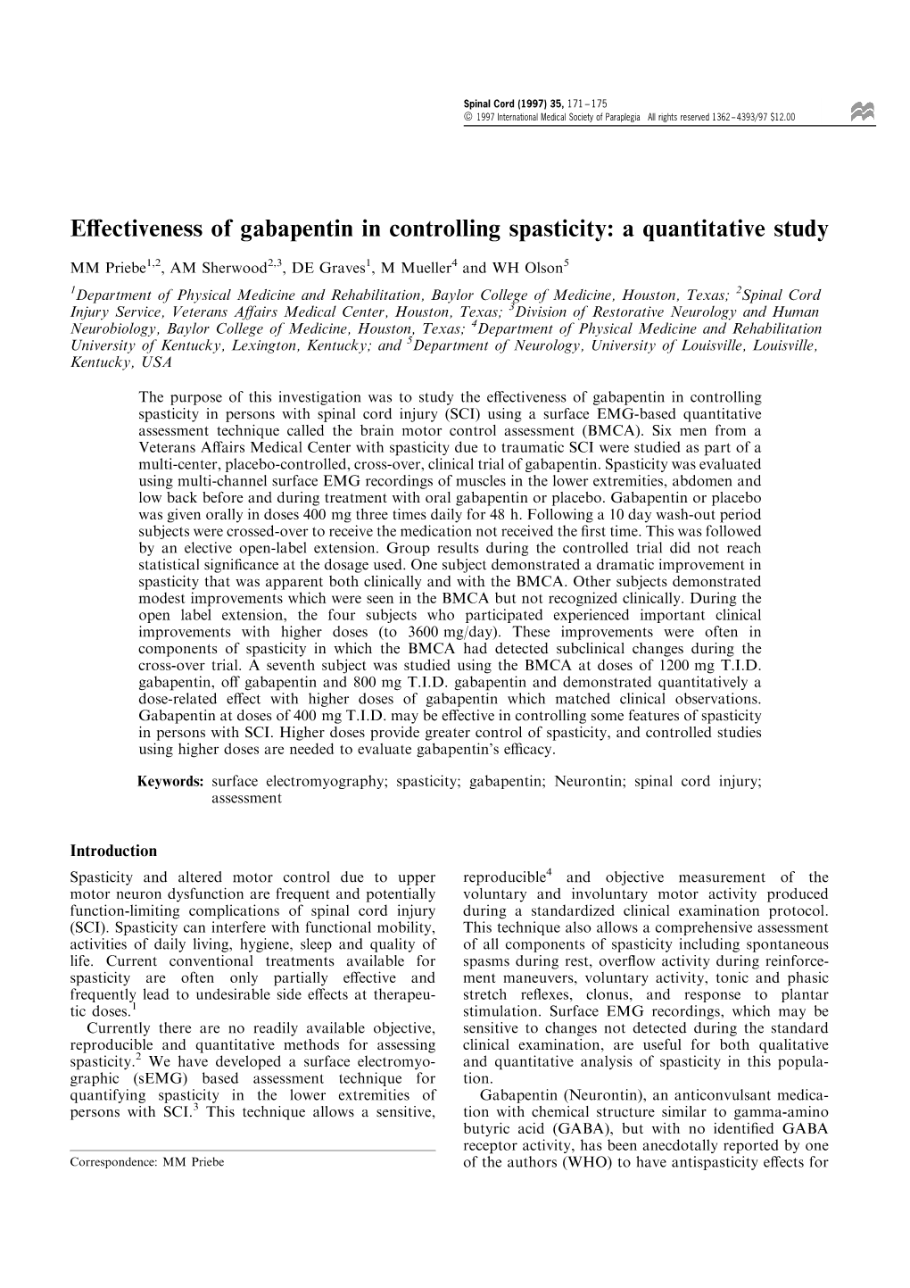 E€Ectiveness of Gabapentin in Controlling Spasticity: a Quantitative