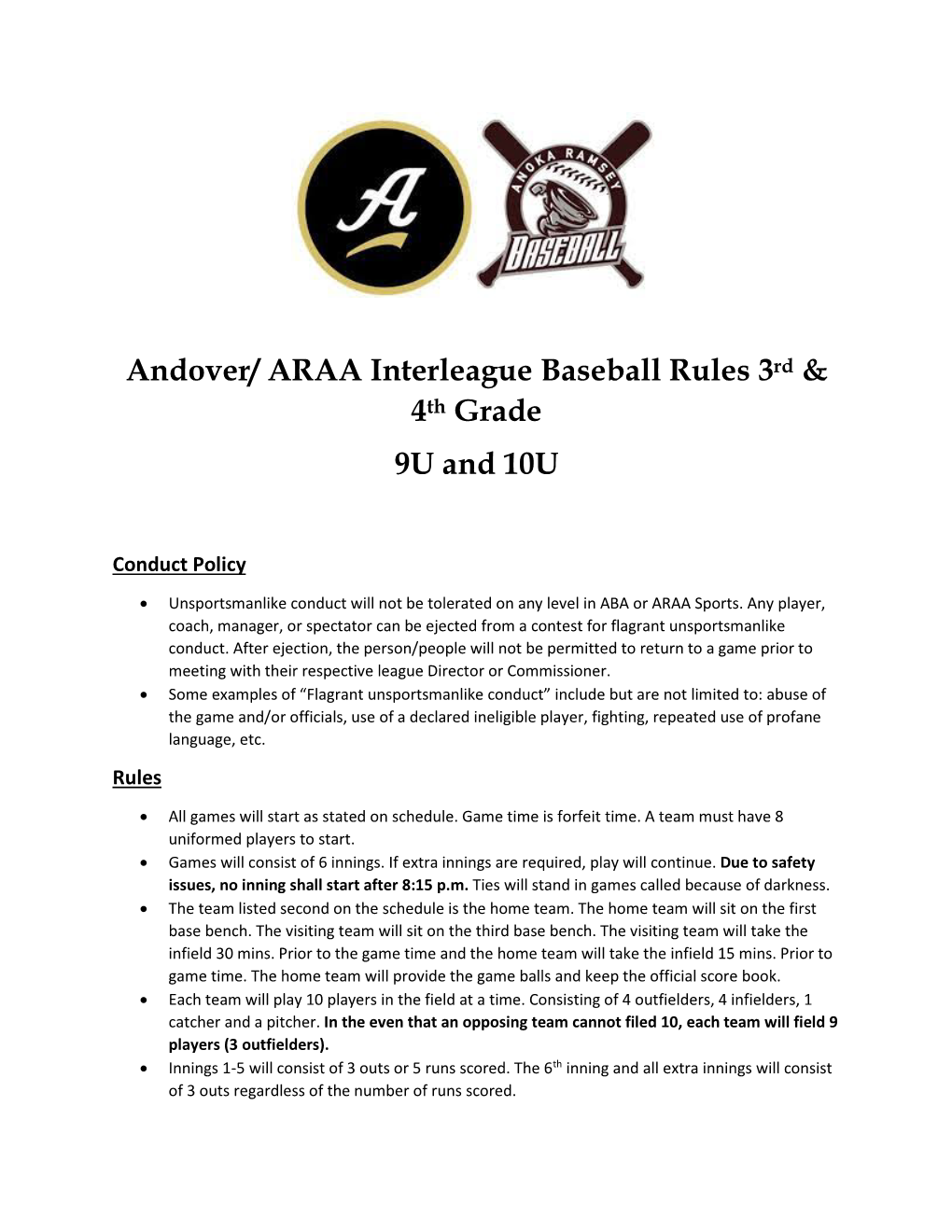 Andover/ ARAA Interleague Baseball Rules 3Rd & 4Th Grade 9U And
