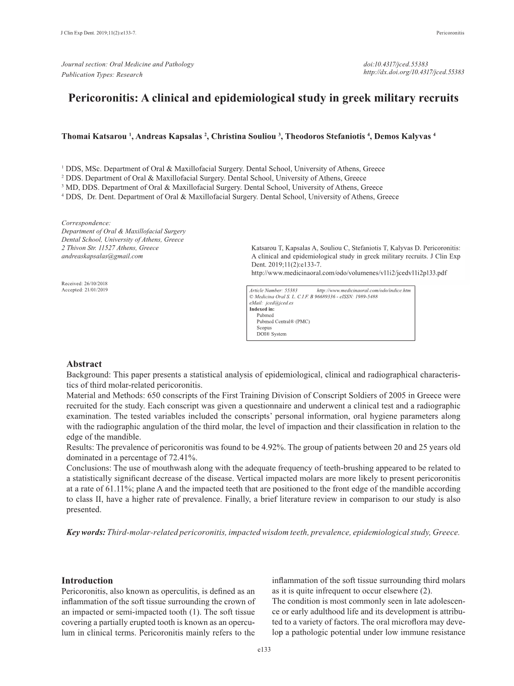 Pericoronitis: a Clinical and Epidemiological Study in Greek Military Recruits