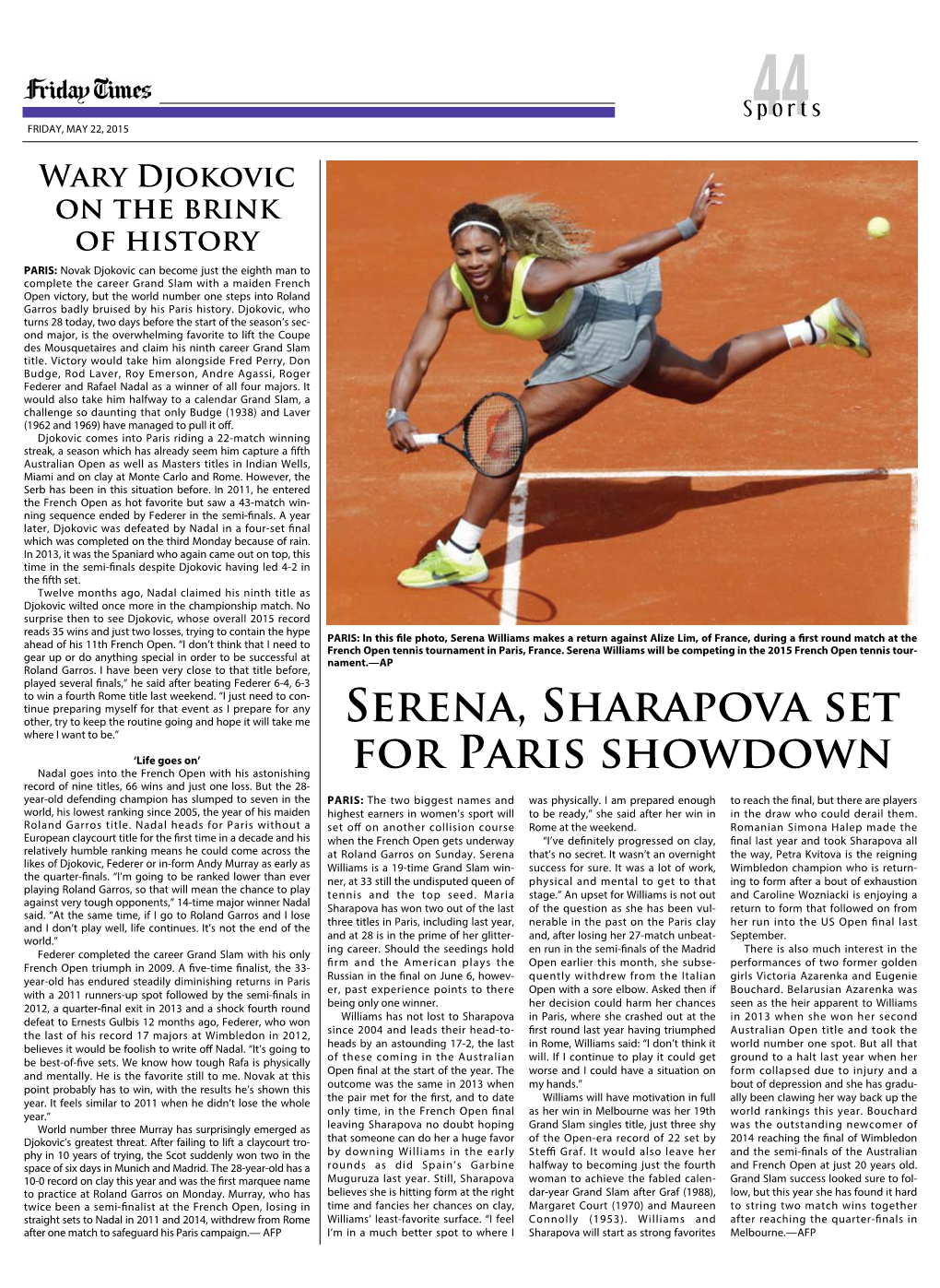 Serena, Sharapova Set for Paris Showdown