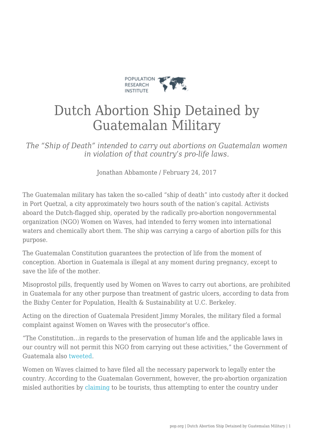 Dutch Abortion Ship Detained by Guatemalan Military