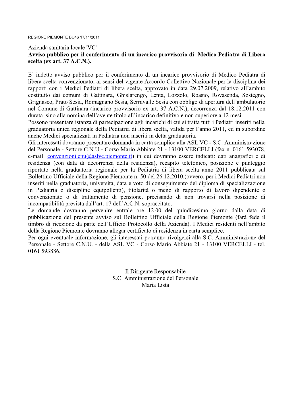 Co Azienda Sanitaria Locale Vc 2011-11-07 36866 Pdf