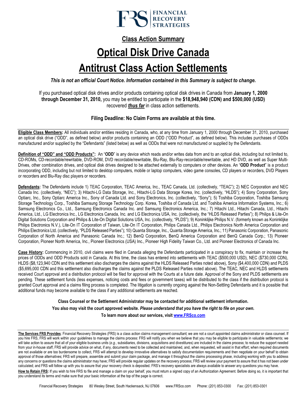 Optical Disk Drive Canada Antitrust Class Action Settlements This Is Not an Official Court Notice