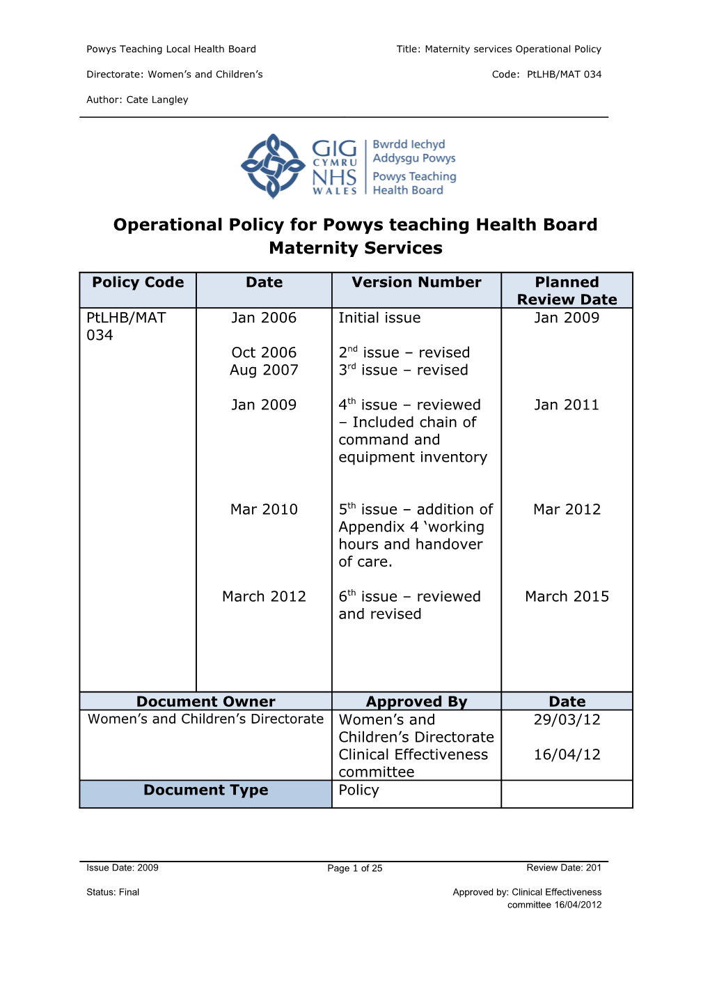 Operational Policy for Powys Teaching Health Board Maternity Services