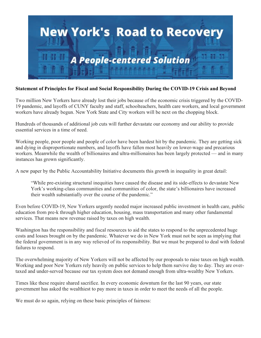 Statement of Principles for Fiscal and Social Responsibility During the COVID-19 Crisis and Beyond Two Million New Yorkers Have
