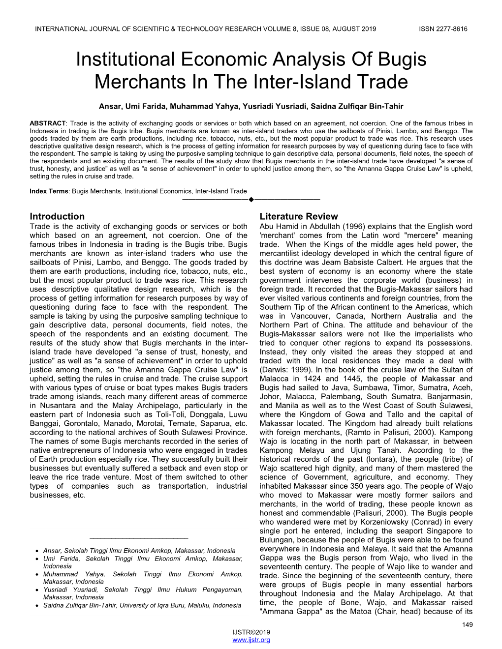 Institutional Economic Analysis of Bugis Merchants in the Inter-Island Trade