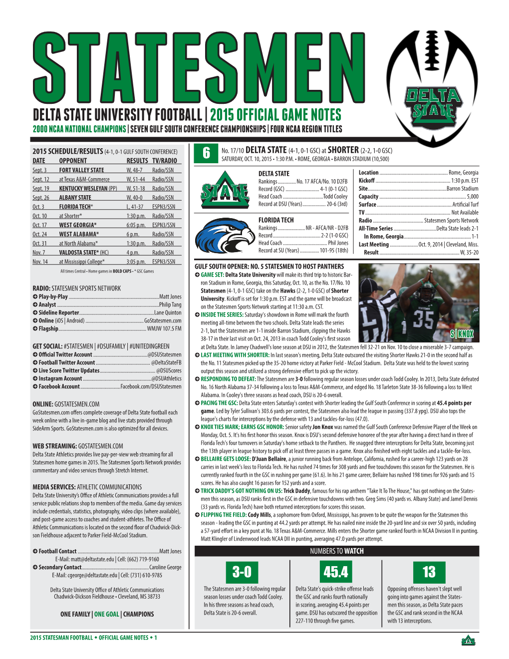 Delta State University Football | 2015 Official Game Notes 2000 Ncaa National Champions | Seven Gulf South Conference Championships | Four Ncaa Region Titles