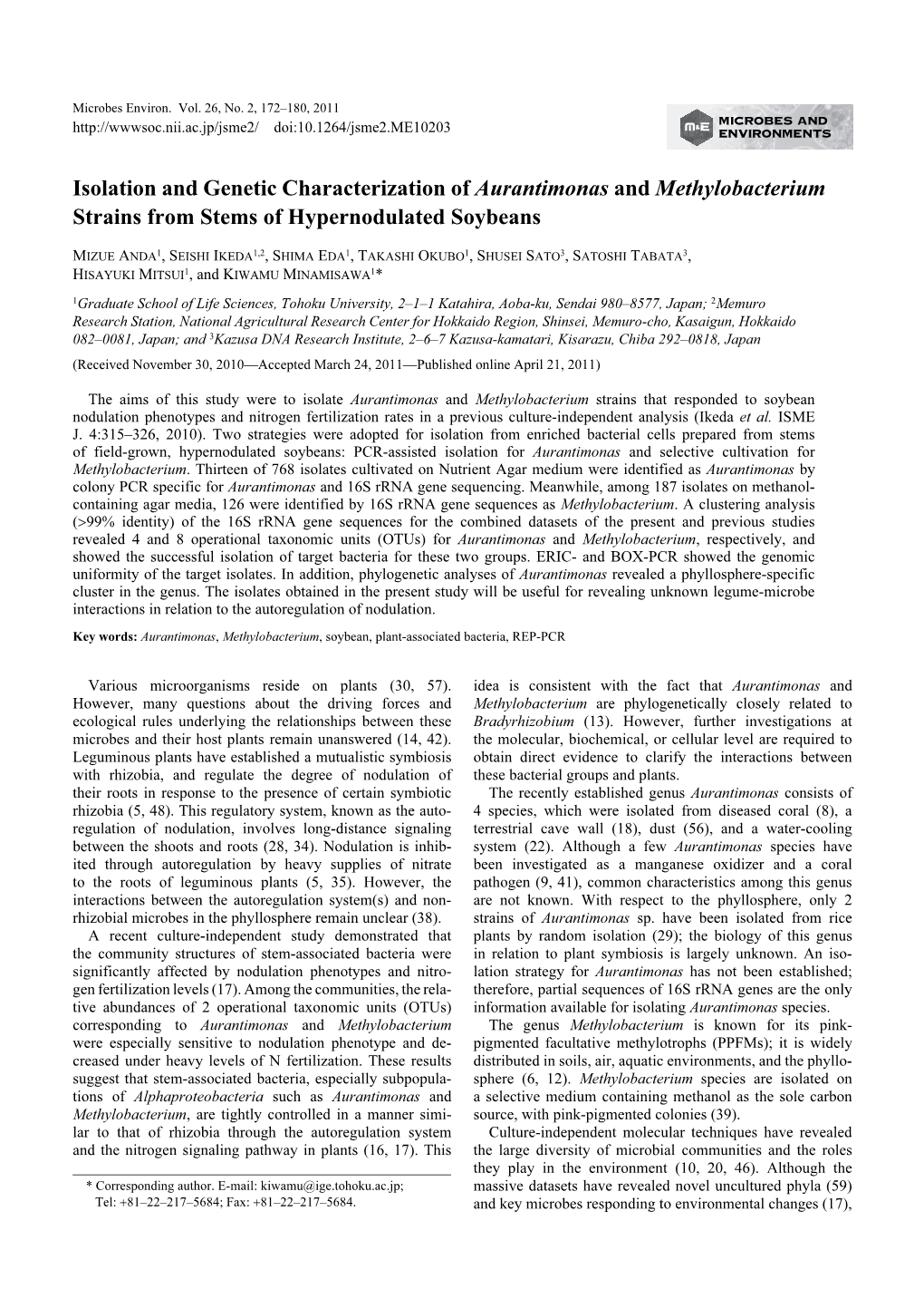 Isolation and Genetic Characterization of Aurantimonas and Methylobacterium Strains from Stems of Hypernodulated Soybeans