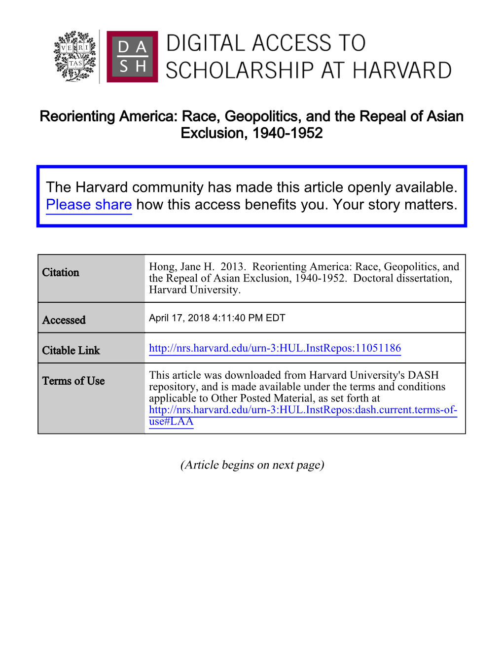 Race, Geopolitics, and the Repeal of Asian Exclusion, 1940-1952