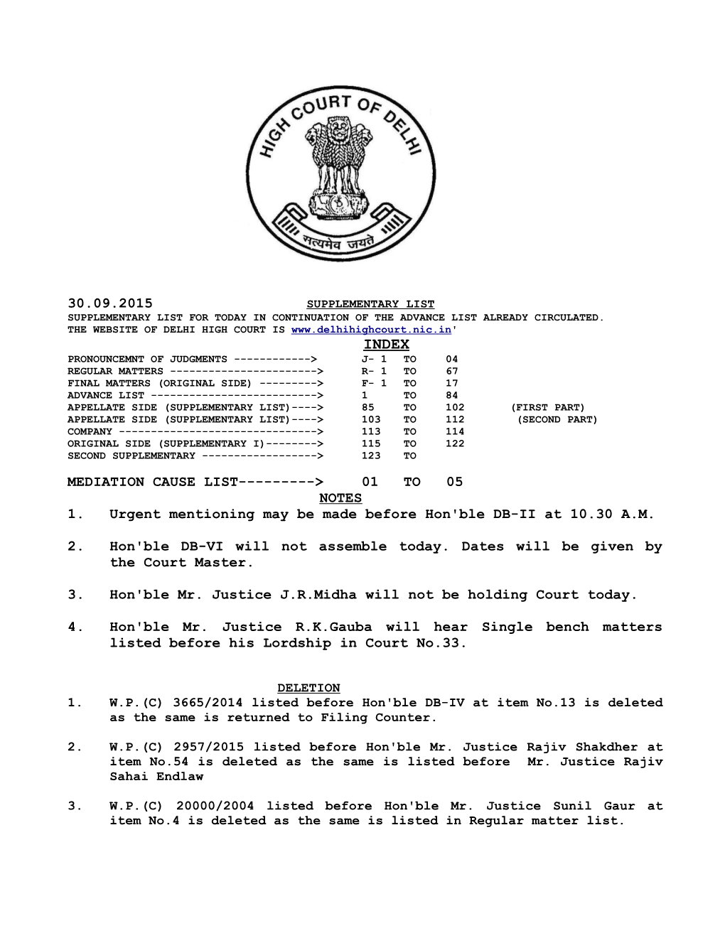 30.09.2015 Mediation Cause List