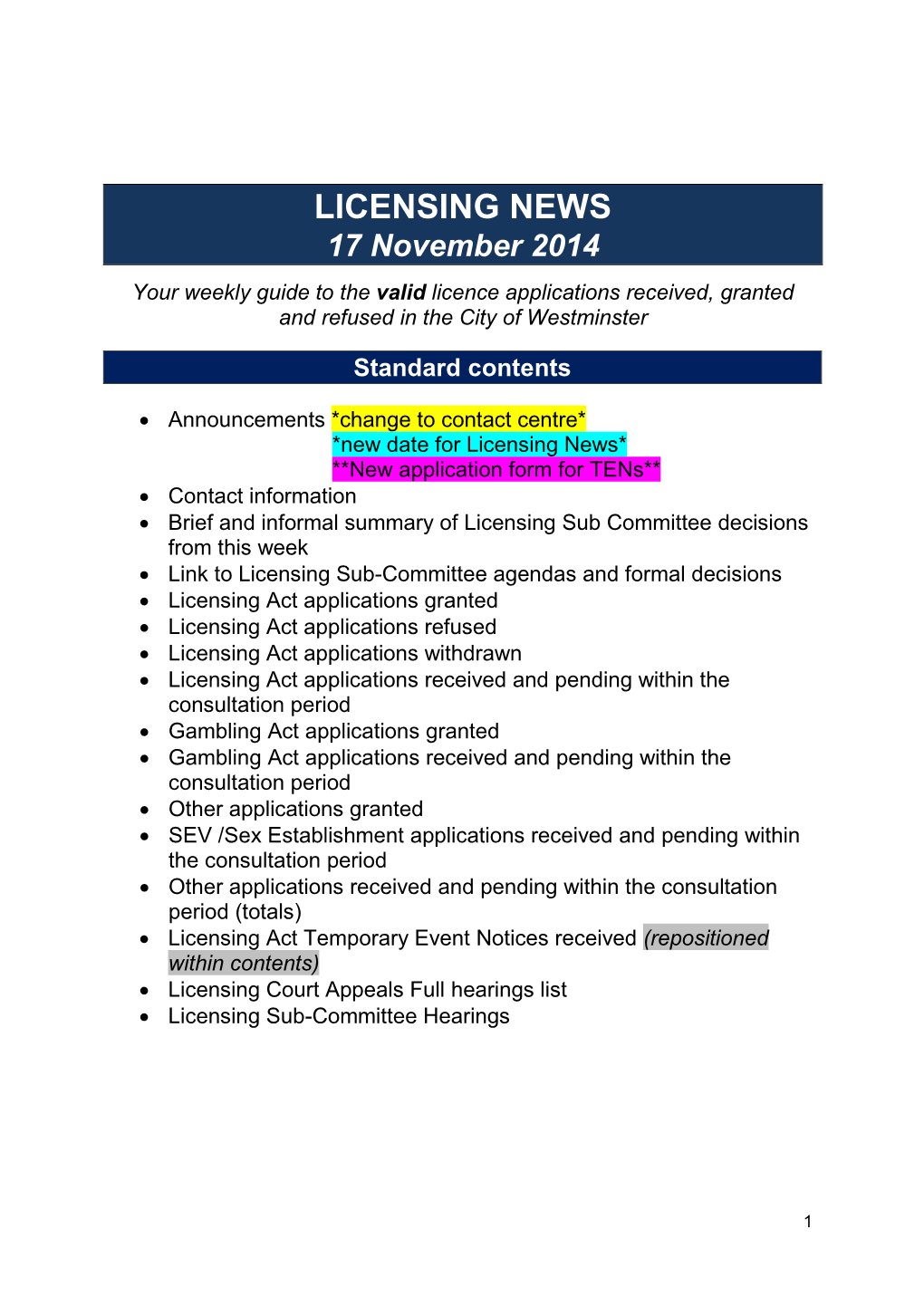 LICENSING NEWS 17 November 2014