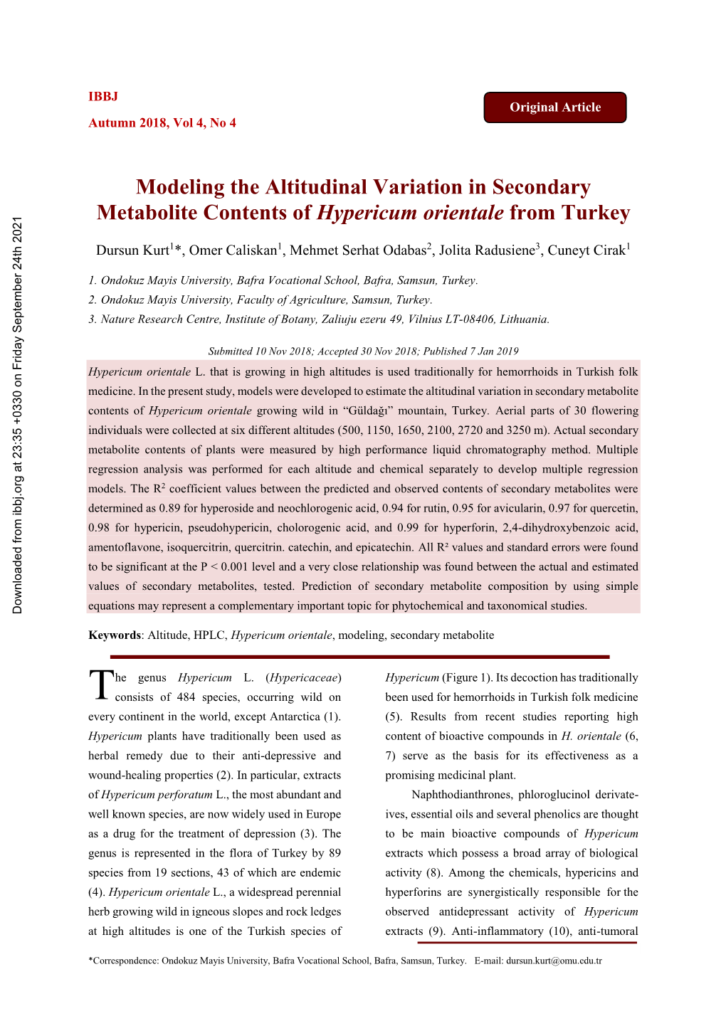 Modeling the Altitudinal Variation in Secondary Metabolite Contents of Hypericum Orientale from Turkey