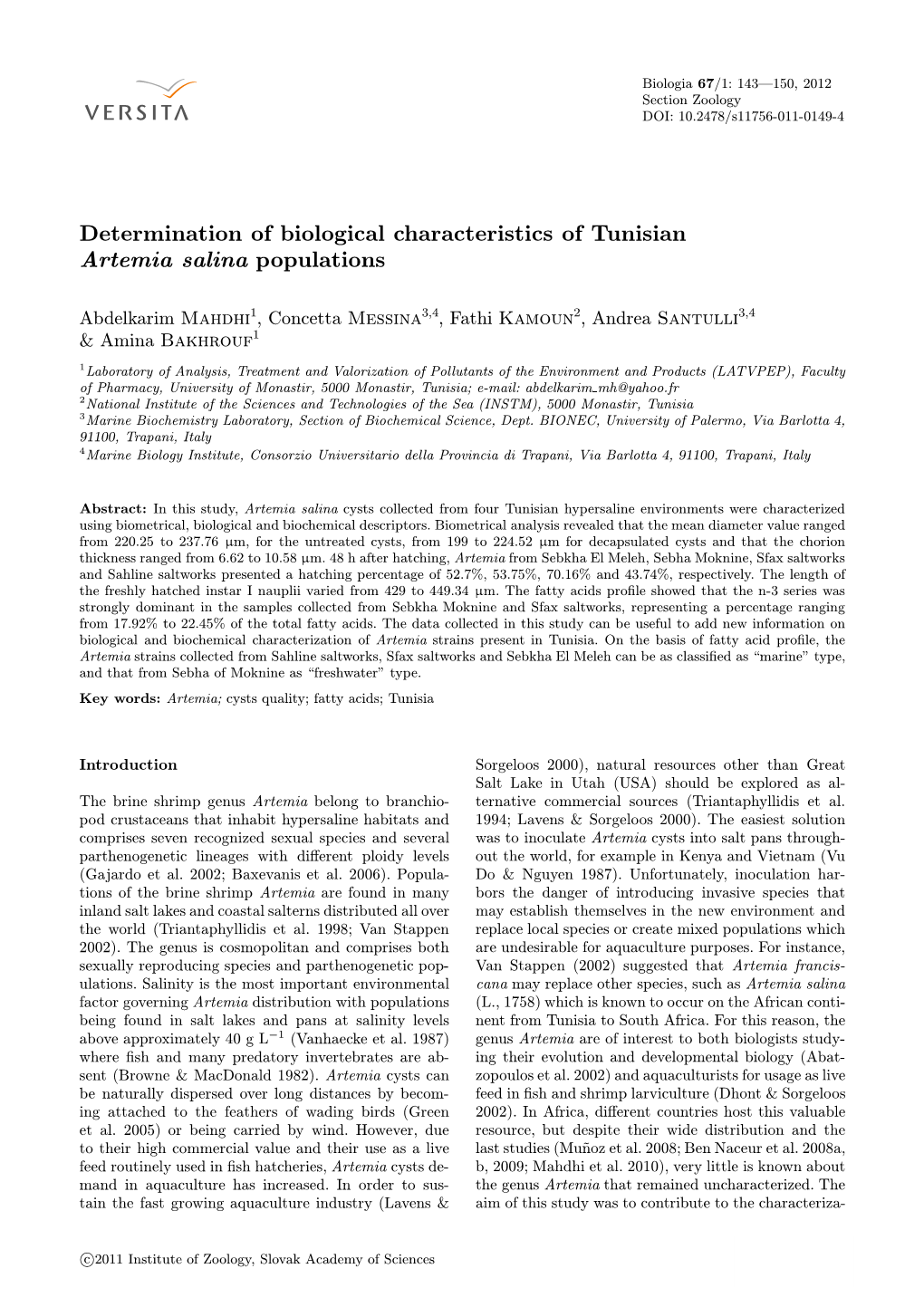 Determination of Biological Characteristics of Tunisian Artemia Salina Populations