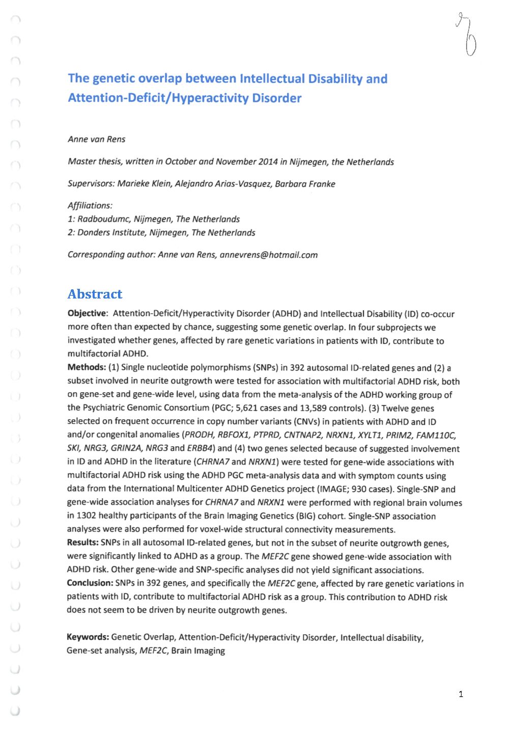 The Genetic Overlap Between Intellectual Disability and Attention-Deficit/Hyperactivity Disorder