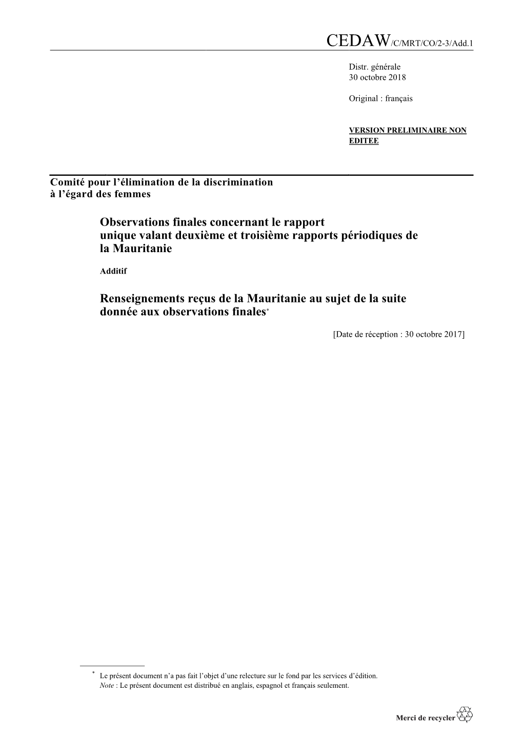 Observations Finales Concernant Le Rapport Unique Valant Deuxième Et Troisième Rapports Périodiques De La Mauritanie Renseig