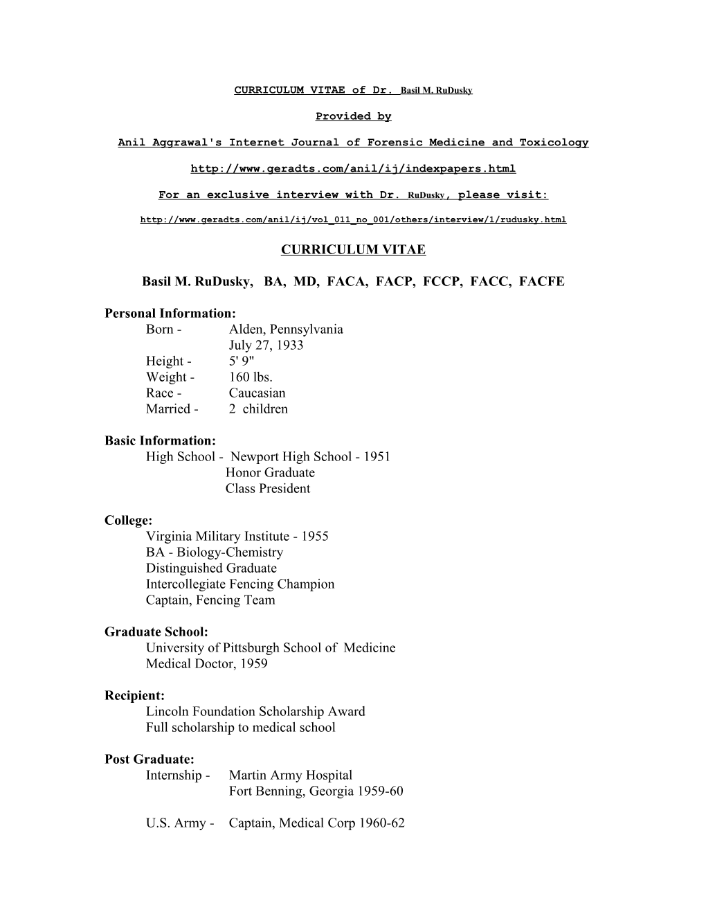 CURRICULUM VITAE of Dr. Basil M. Rudusky