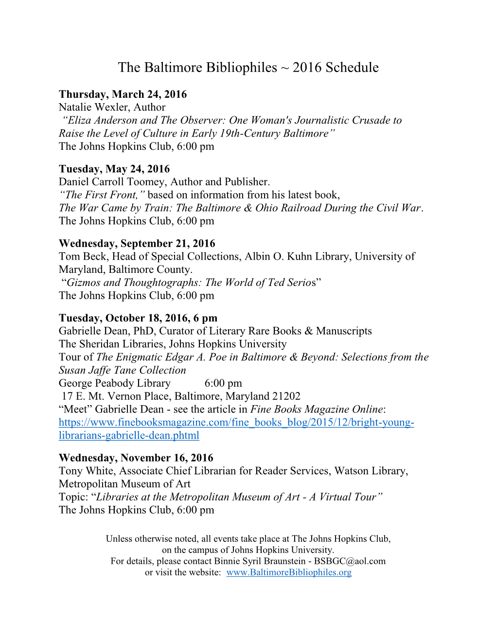 The Baltimore Bibliophiles ~ 2016 Schedule