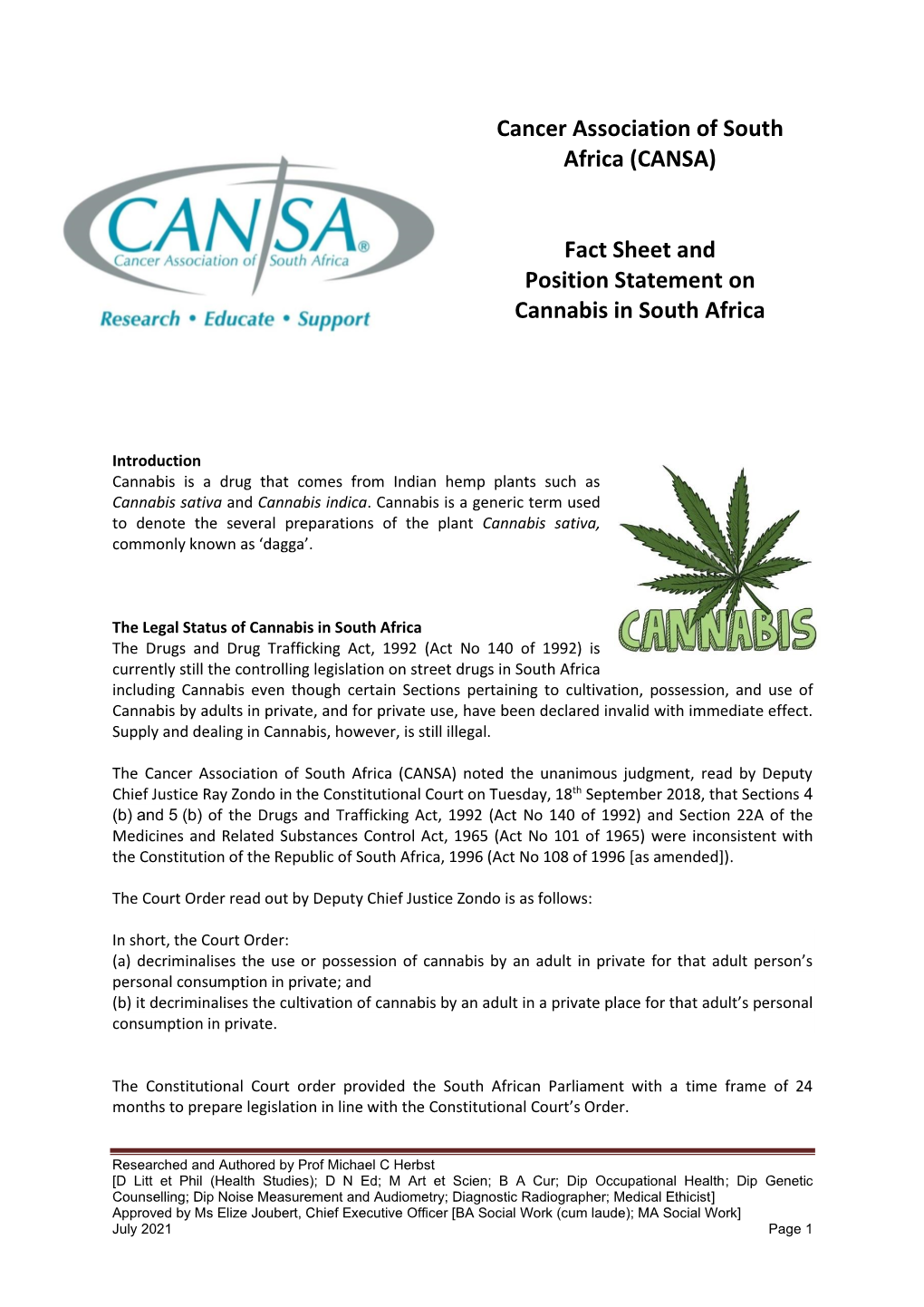 (CANSA) Fact Sheet and Position Statement on Cannabis in South