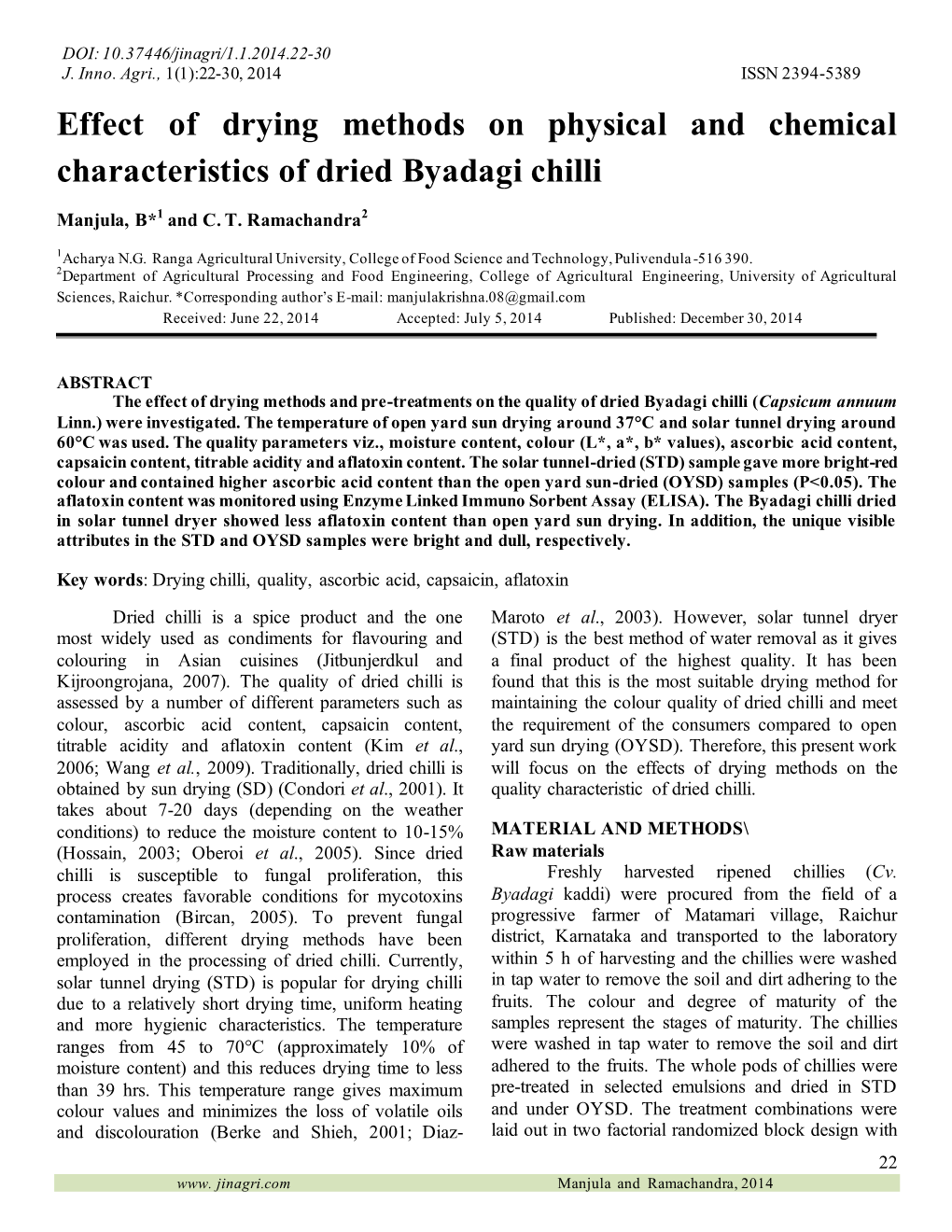 Effect of Drying Methods on Physical and Chemical Characteristics of Dried Byadagi Chilli