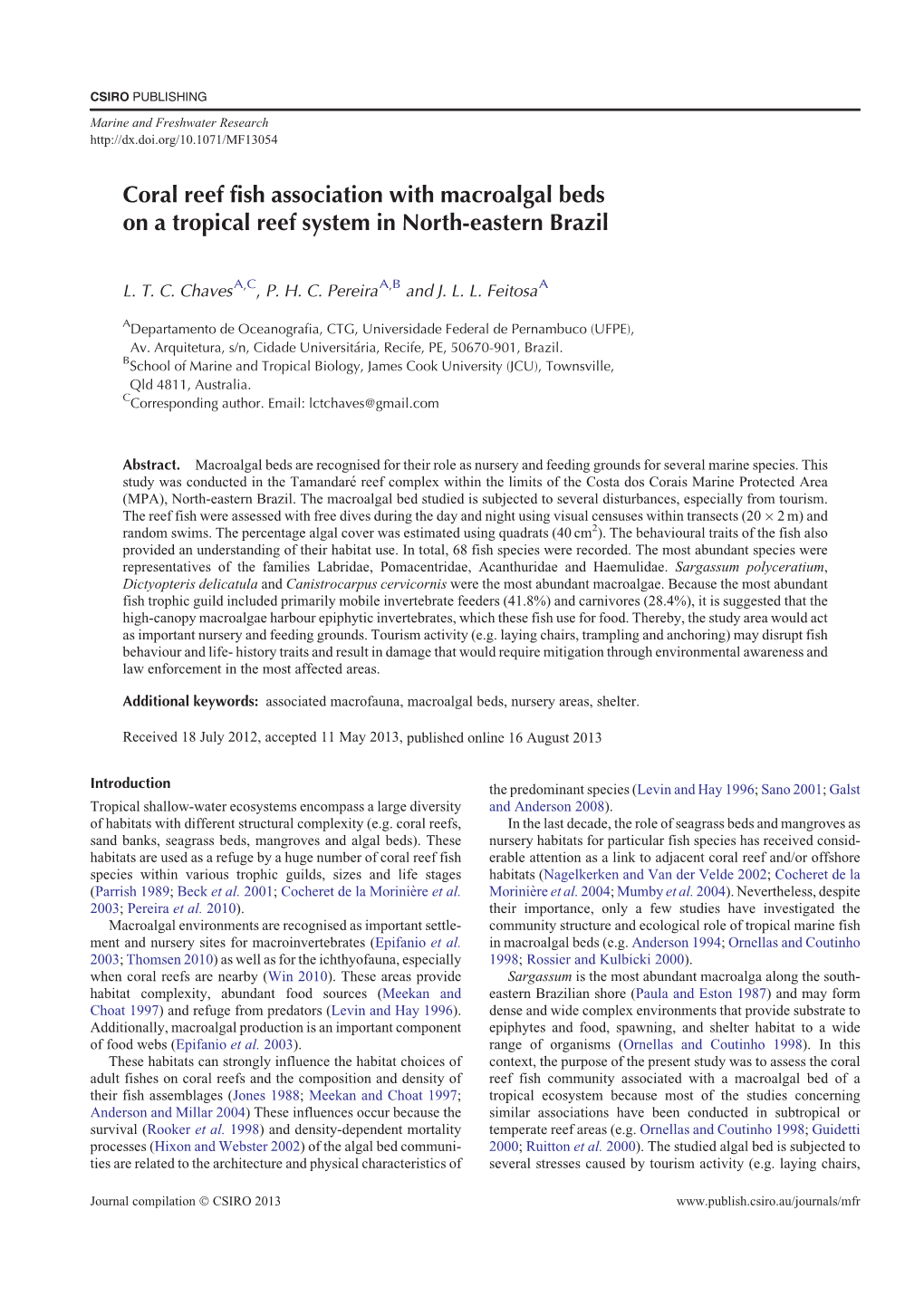 Coral Reef Fish Association with Macroalgal Beds on a Tropical Reef System in North-Eastern Brazil