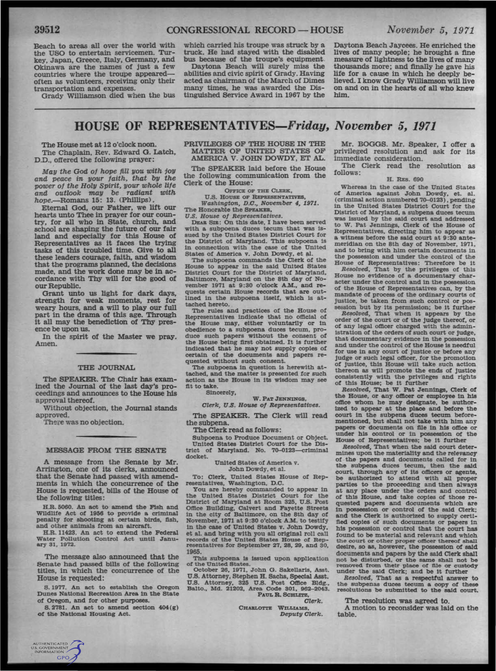 HOUSE of REPRESENTATIVES-Friday, November 5, 1971