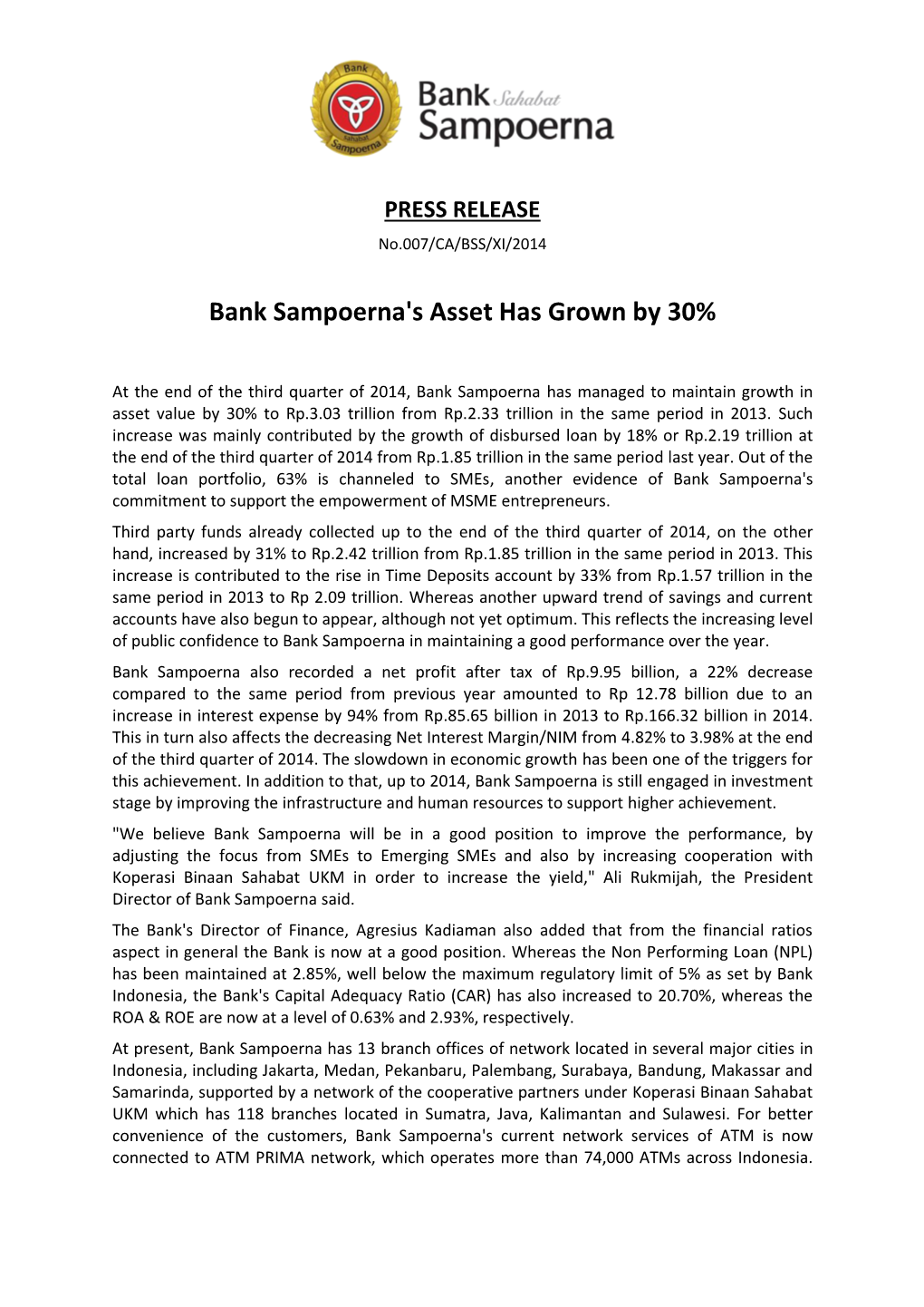 Bank Sampoerna's Asset Has Grown by 30%