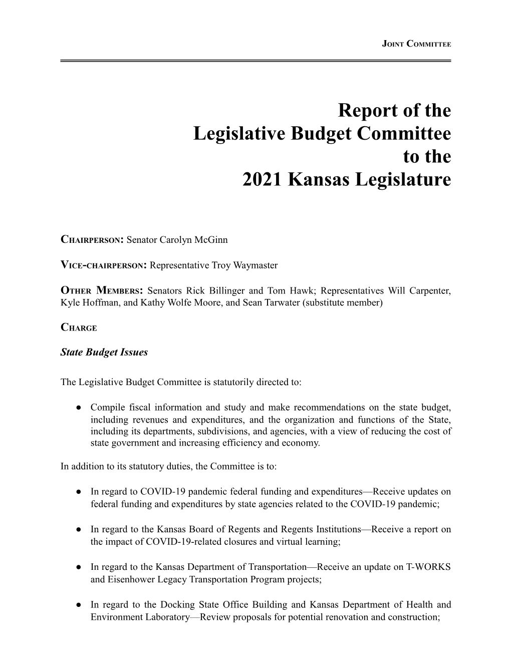 Legislative Budget Committee to the 2021 Kansas Legislature