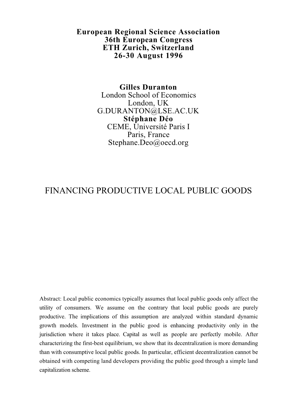 Financing Productive Local Public Goods
