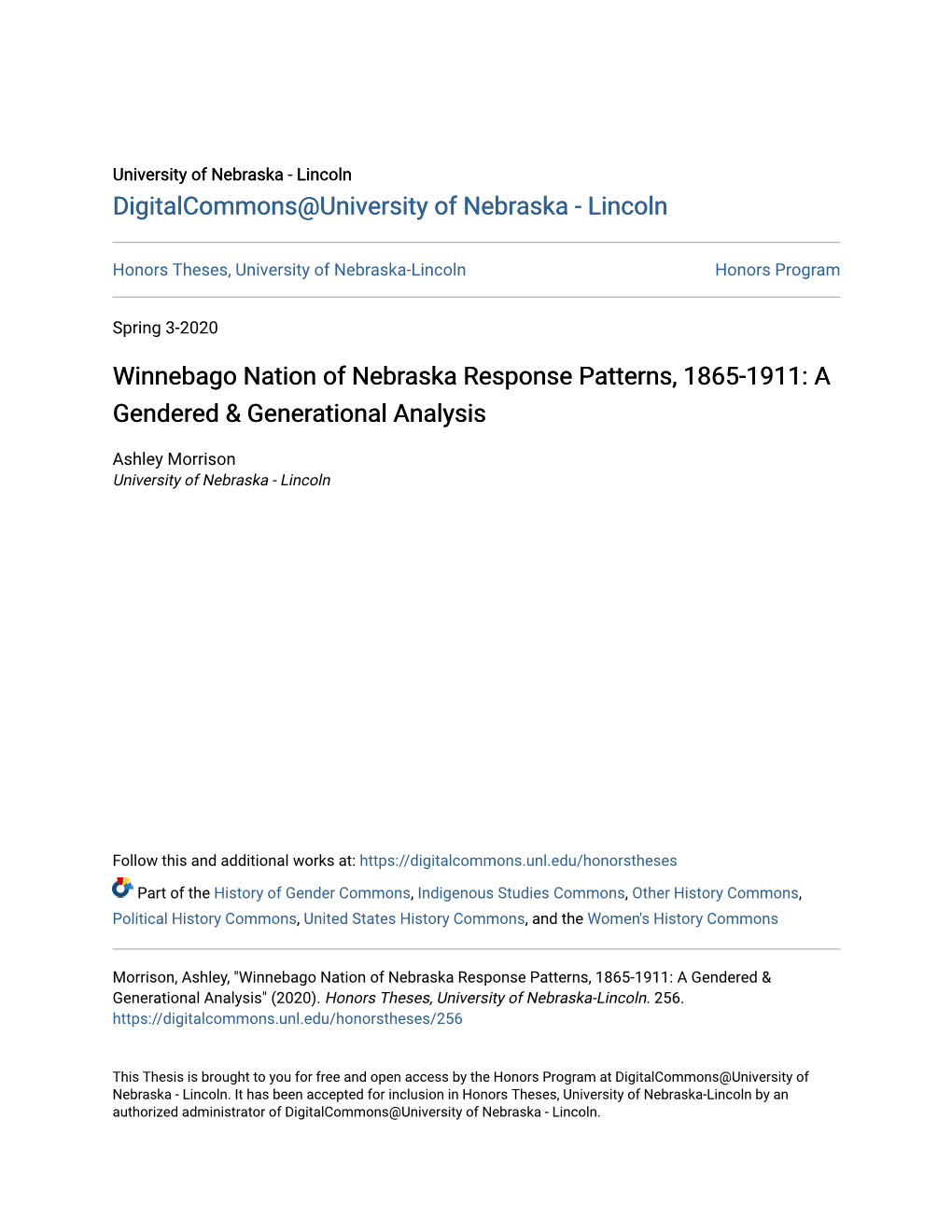 Winnebago Nation of Nebraska Response Patterns, 1865-1911: a Gendered & Generational Analysis