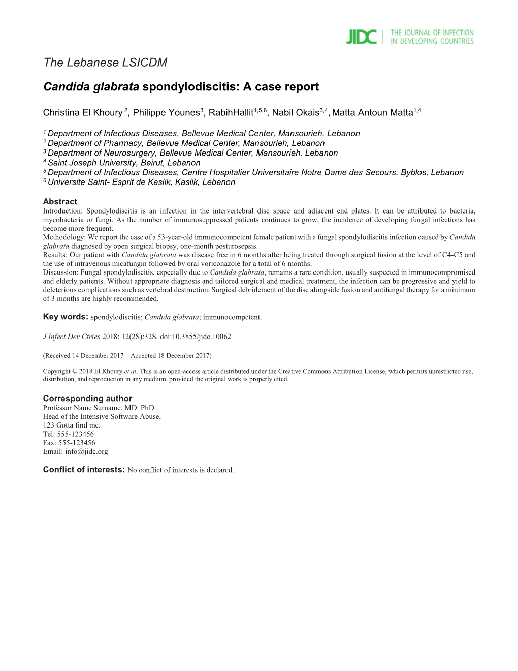 The Lebanese LSICDM Candida Glabrata Spondylodiscitis: a Case Report