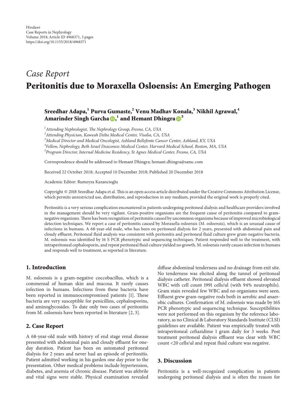 Case Report Peritonitis Due to Moraxella Osloensis: an Emerging Pathogen