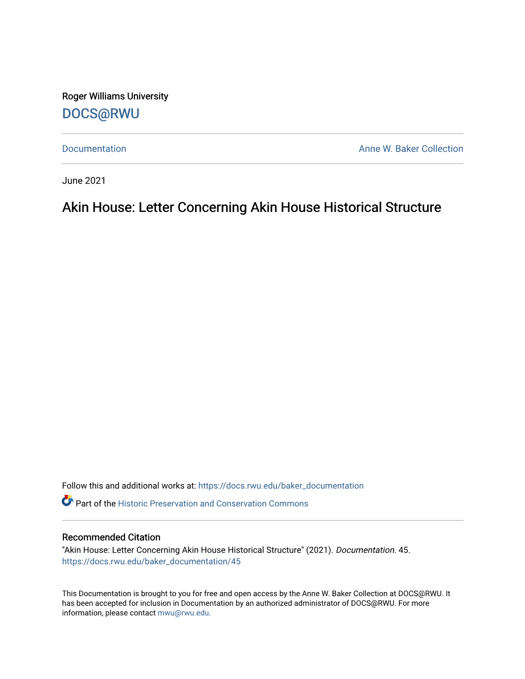 Letter Concerning Akin House Historical Structure
