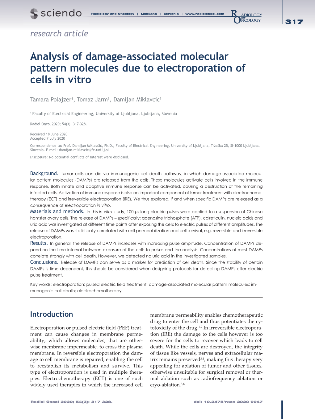 Analysis of Damage-Associated Molecular Pattern Molecules Due to Electroporation of Cells in Vitro