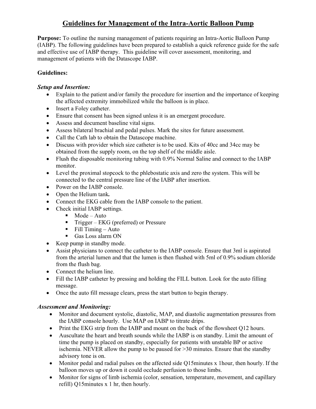 Guidelines for Management of the Intra-Aortic Balloon Pump