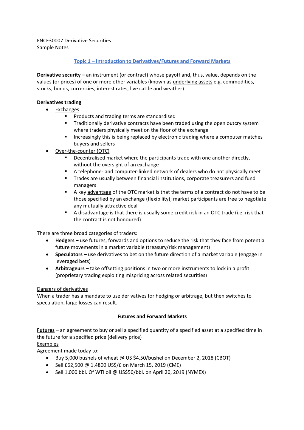 FNCE30007 Derivative Securities Sample Notes Topic 1