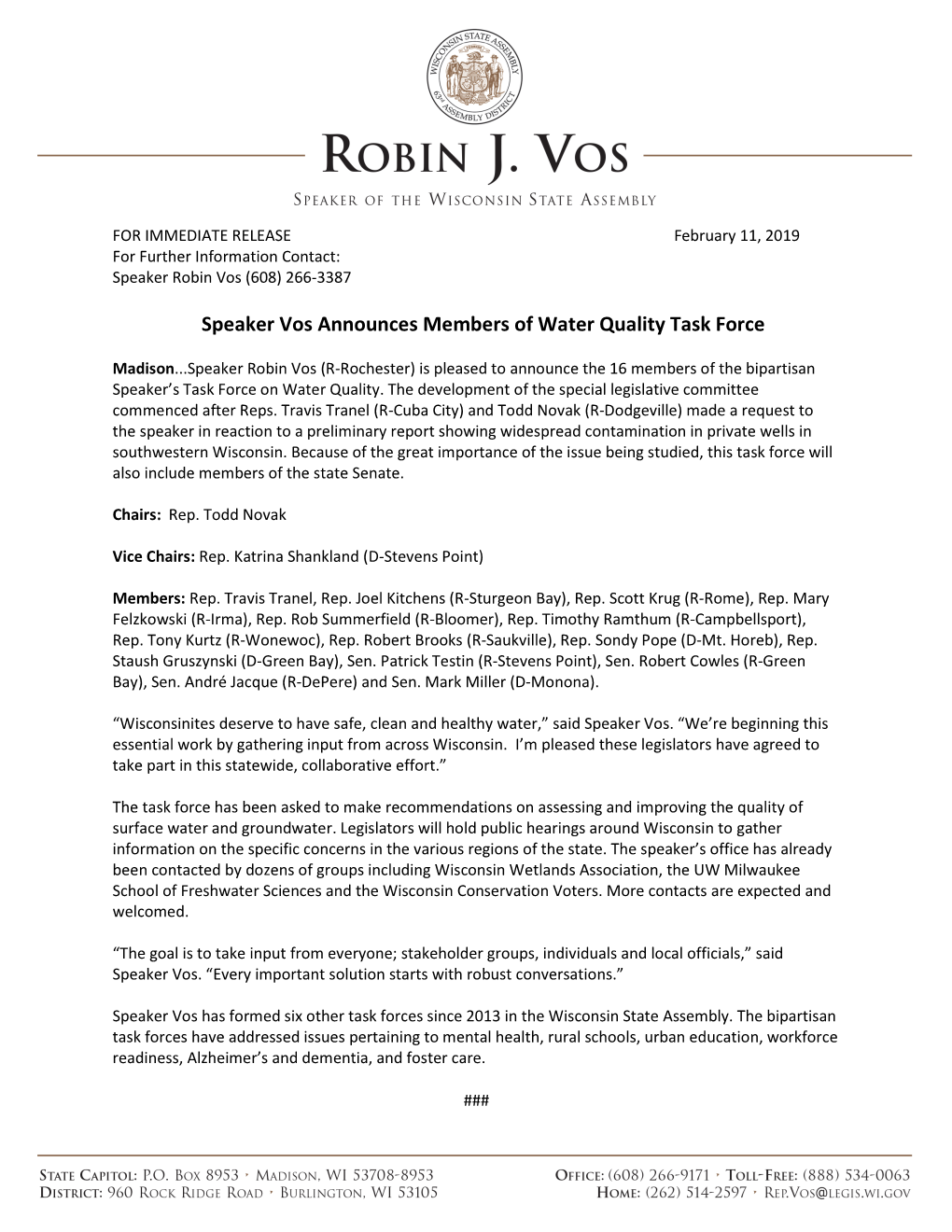 Speaker Vos Announces Members of Water Quality Task Force