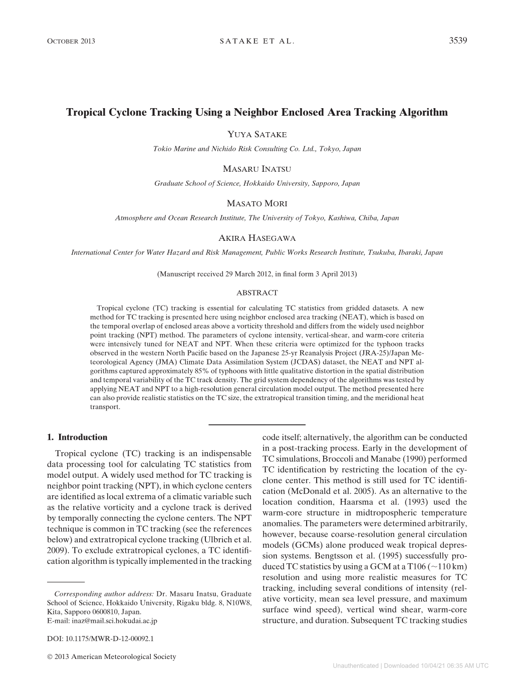 Tropical Cyclone Tracking Using a Neighbor Enclosed Area Tracking Algorithm