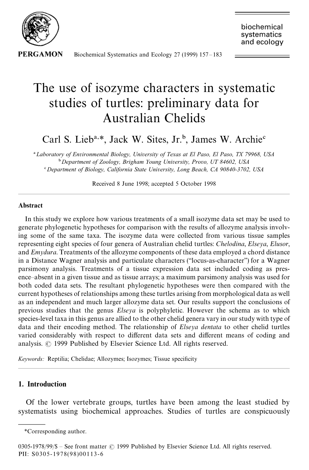 The Use of Isozyme Characters in Systematic Studies of Turtles: Preliminary Data for Australian Chelids