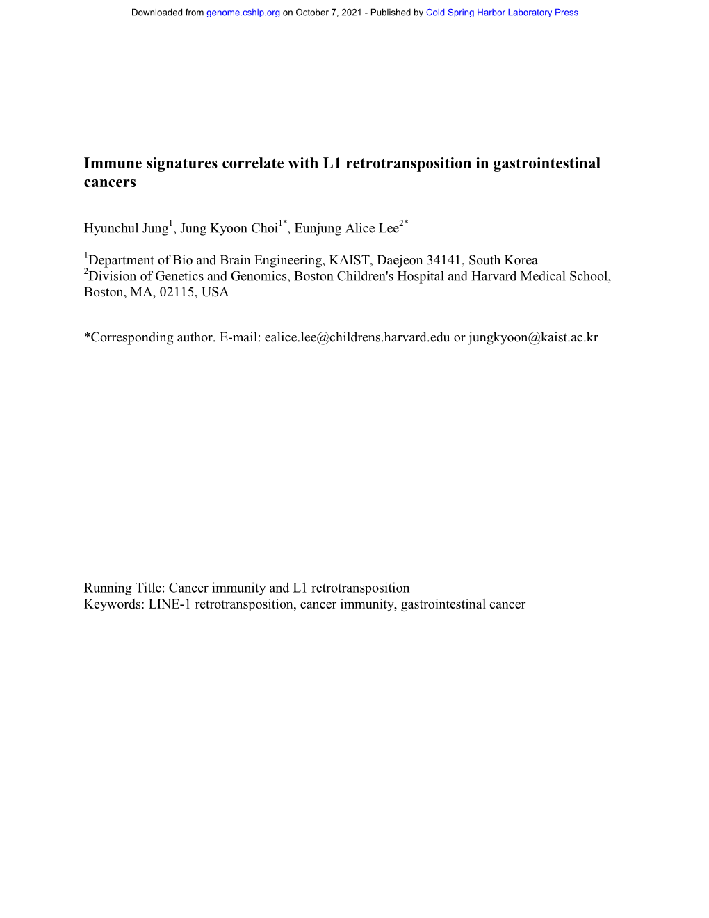 Immune Signatures Correlate with L1 Retrotransposition in Gastrointestinal Cancers