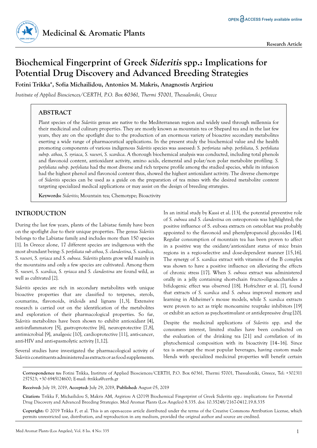 Biochemical Fingerprint of Greek Sideritis Spp