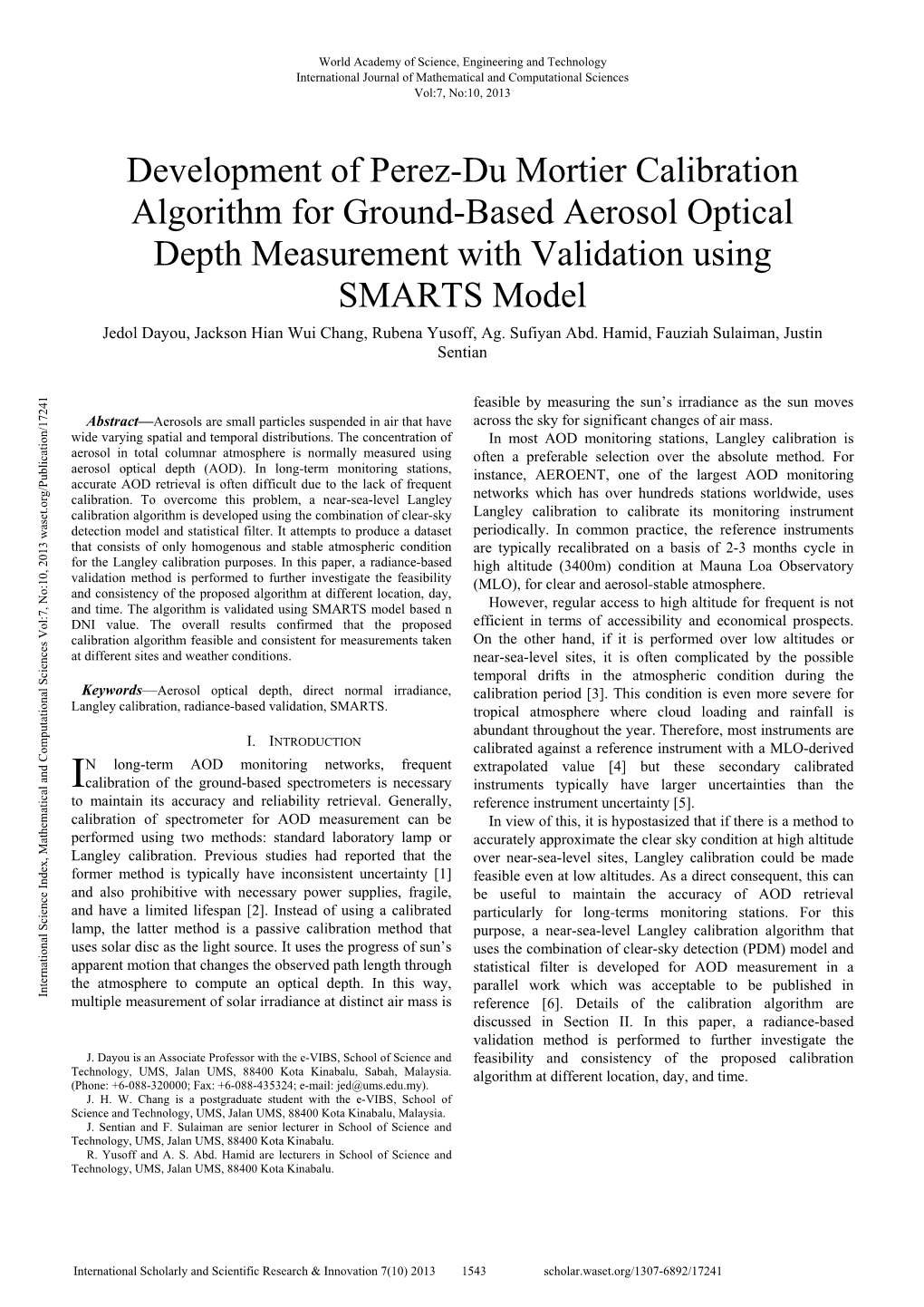 Development of Perez-Du Mortier Calibration Algorithm for Ground