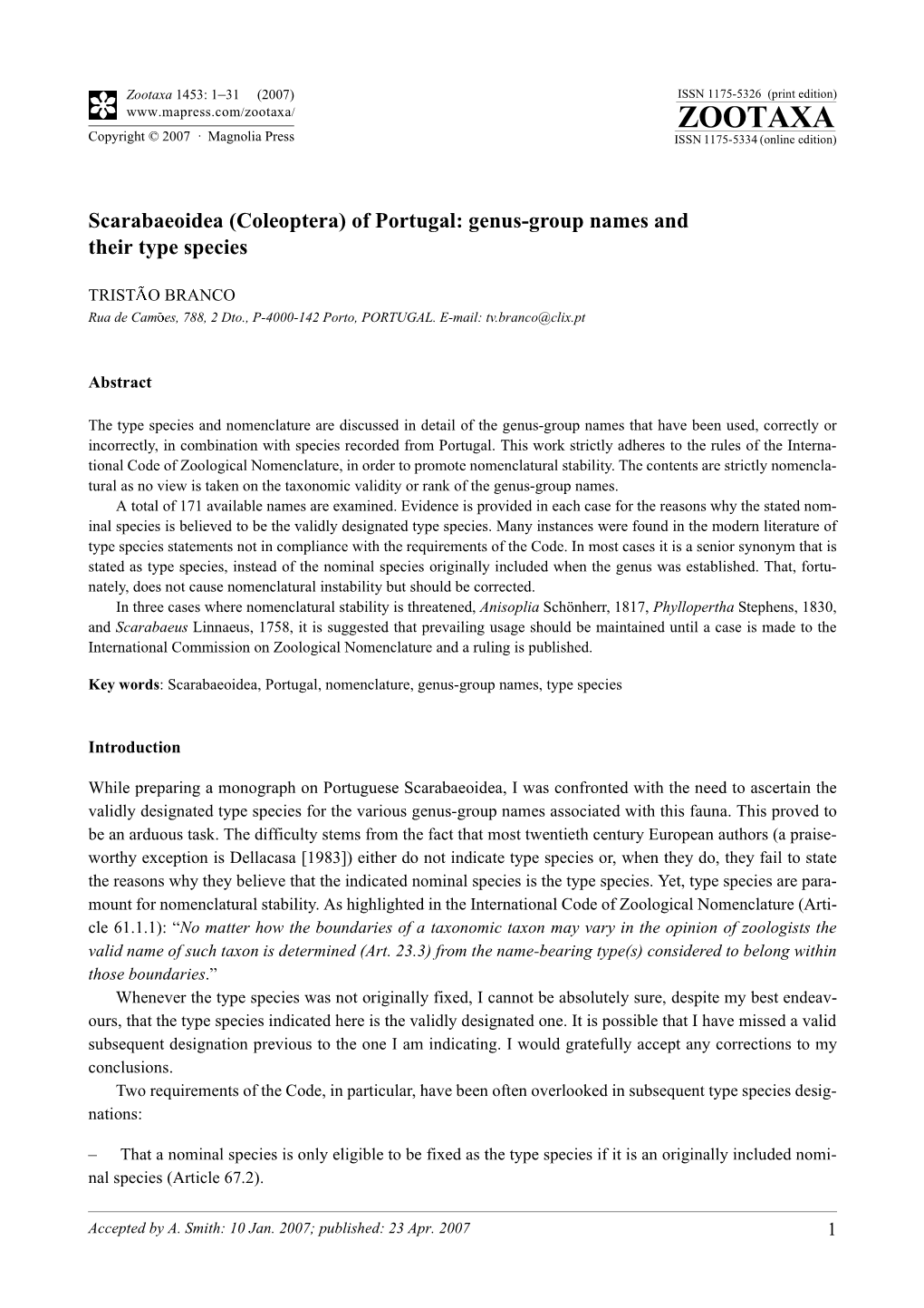 Zootaxa,Scarabaeoidea (Coleoptera) of Portugal: Genus-Group Names