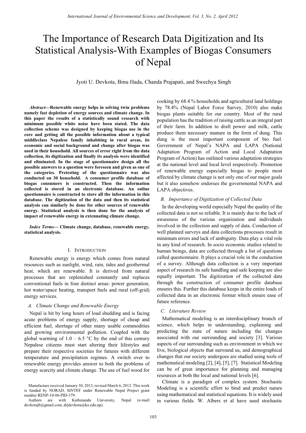 The Importance of Research Data Digitization and Its Statistical Analysis-With Examples of Biogas Consumers of Nepal