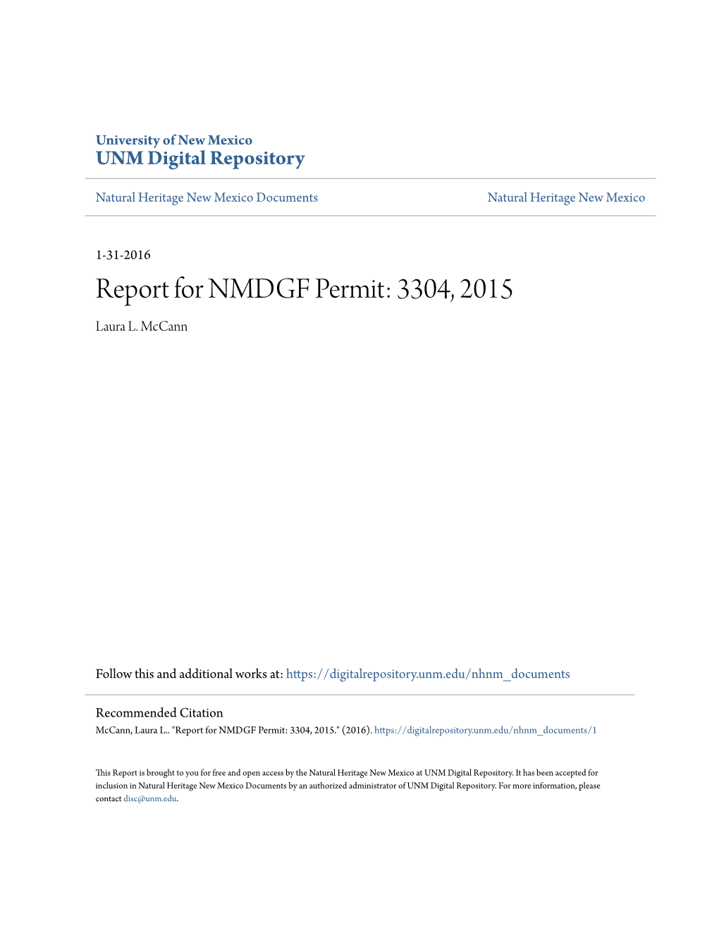 Report for NMDGF Permit: 3304, 2015 Laura L