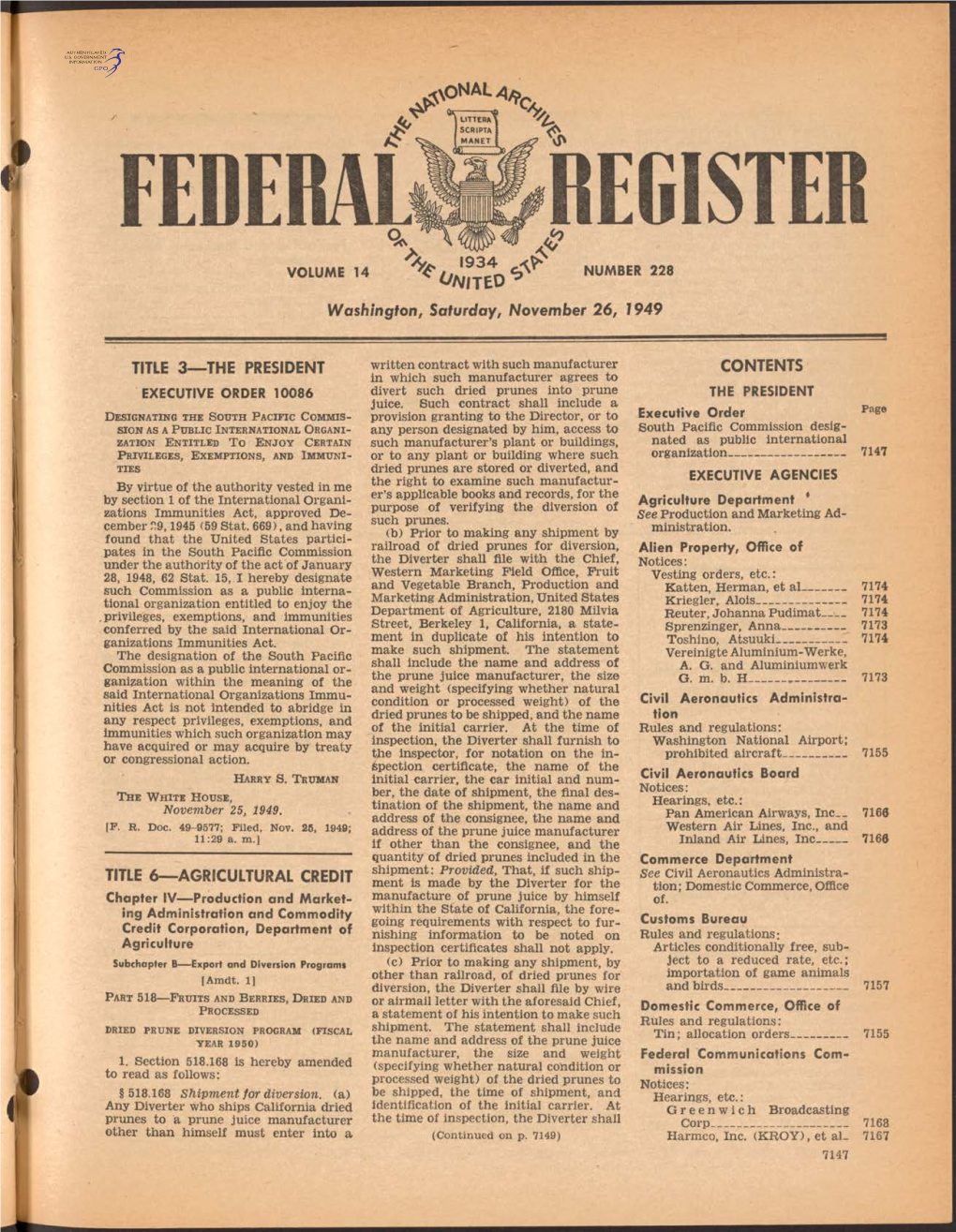 '*»*, '934 C & NUMBER 228 VOLUME 14 ^I/A/ITEO^ Washington, Saturday, November 26, 1949