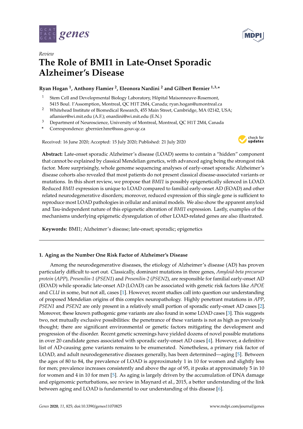 The Role of BMI1 in Late-Onset Sporadic Alzheimer's Disease