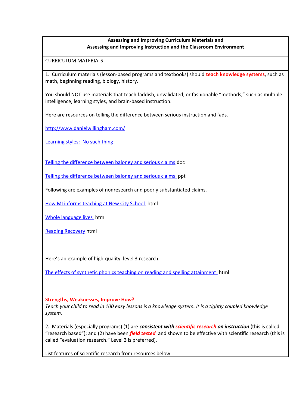 Assessing and Improving Curriculum Materials And